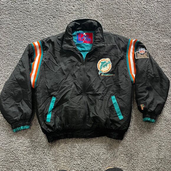 VTG 90s Miami Dolphins Pro Player Daniel Young Puffer Jacket Coat Black Size L - Picture 1 of 7
